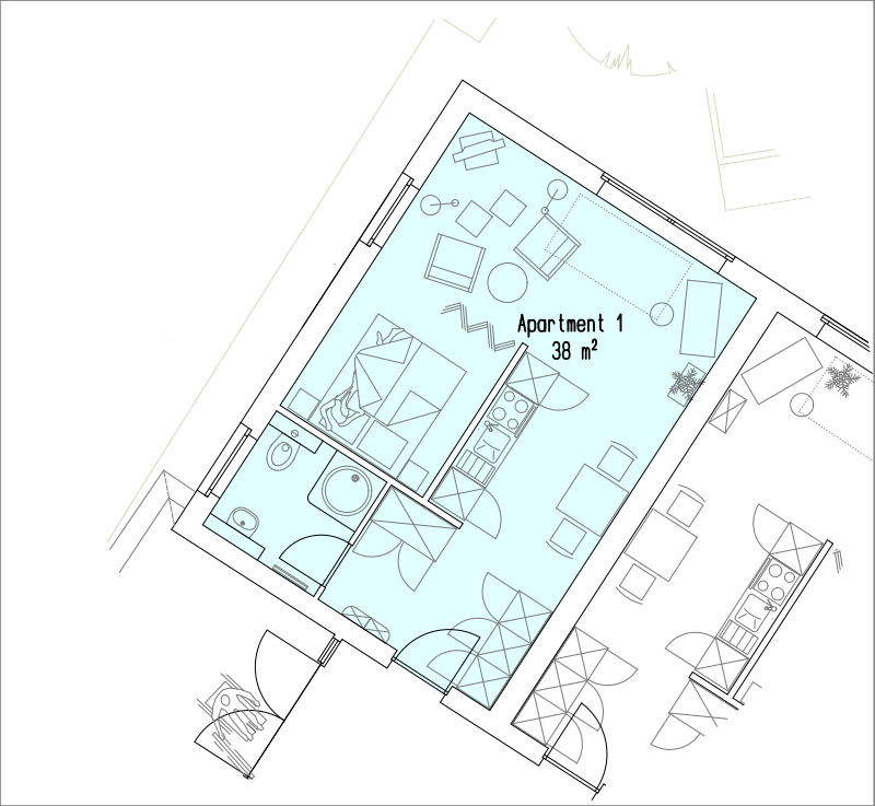 Grundriss des Apartment Türkis der Pension in Wildau